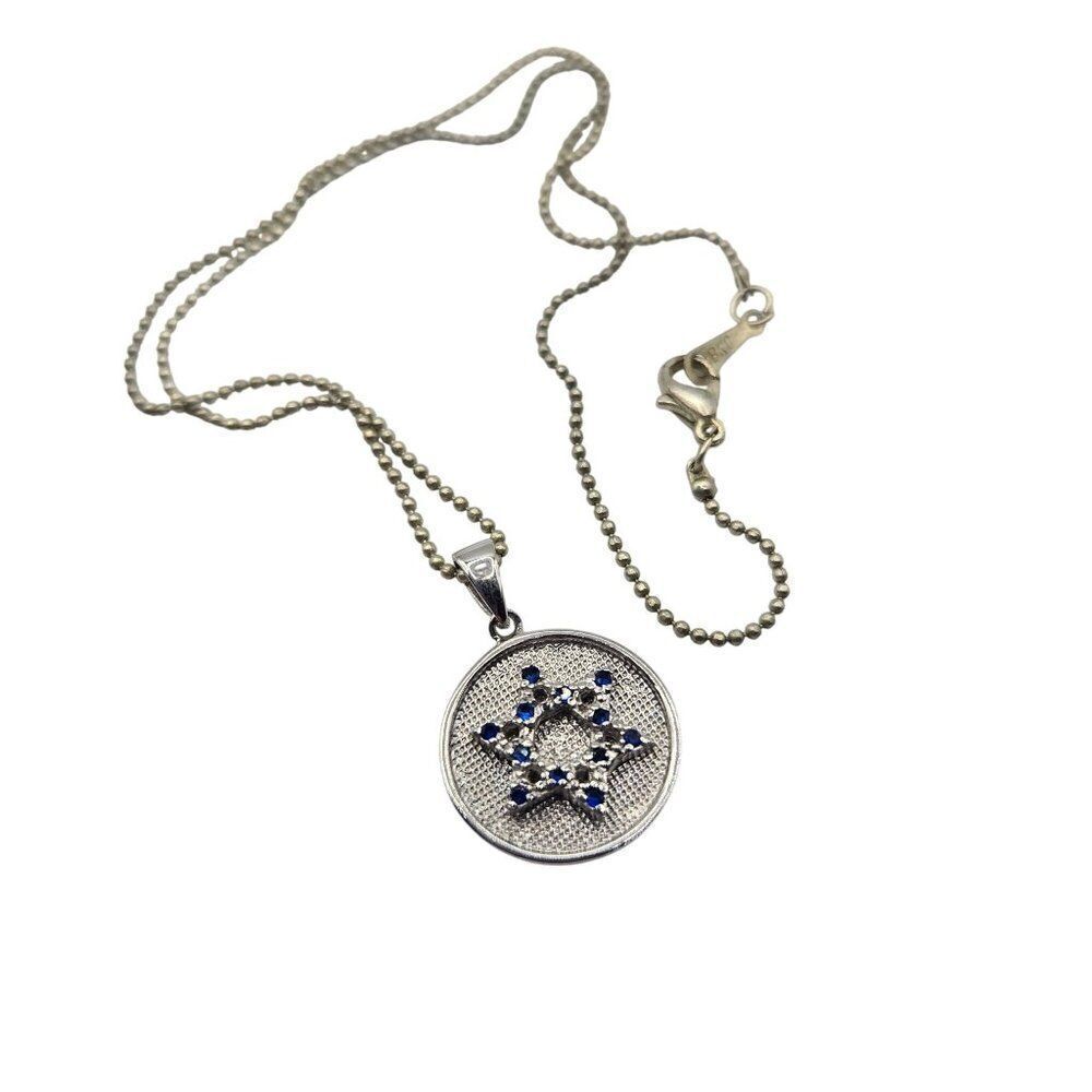 Sterling Silver 925 Jewish Star of David Necklace Blue Stone Judaica 16 inches